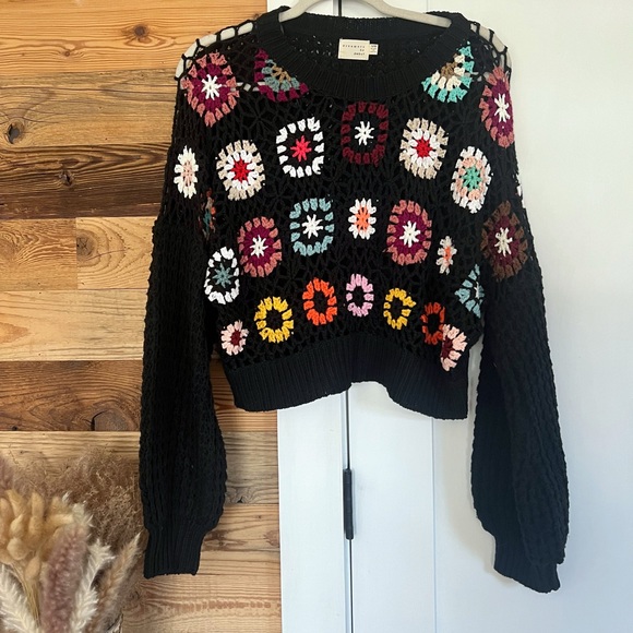 Dreamers Sweaters - Dreamers by debut Black Crochet Granny Square Pullover Sweater